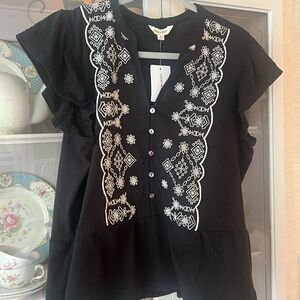 Lucky Brand Black Blouse with White Embroidery